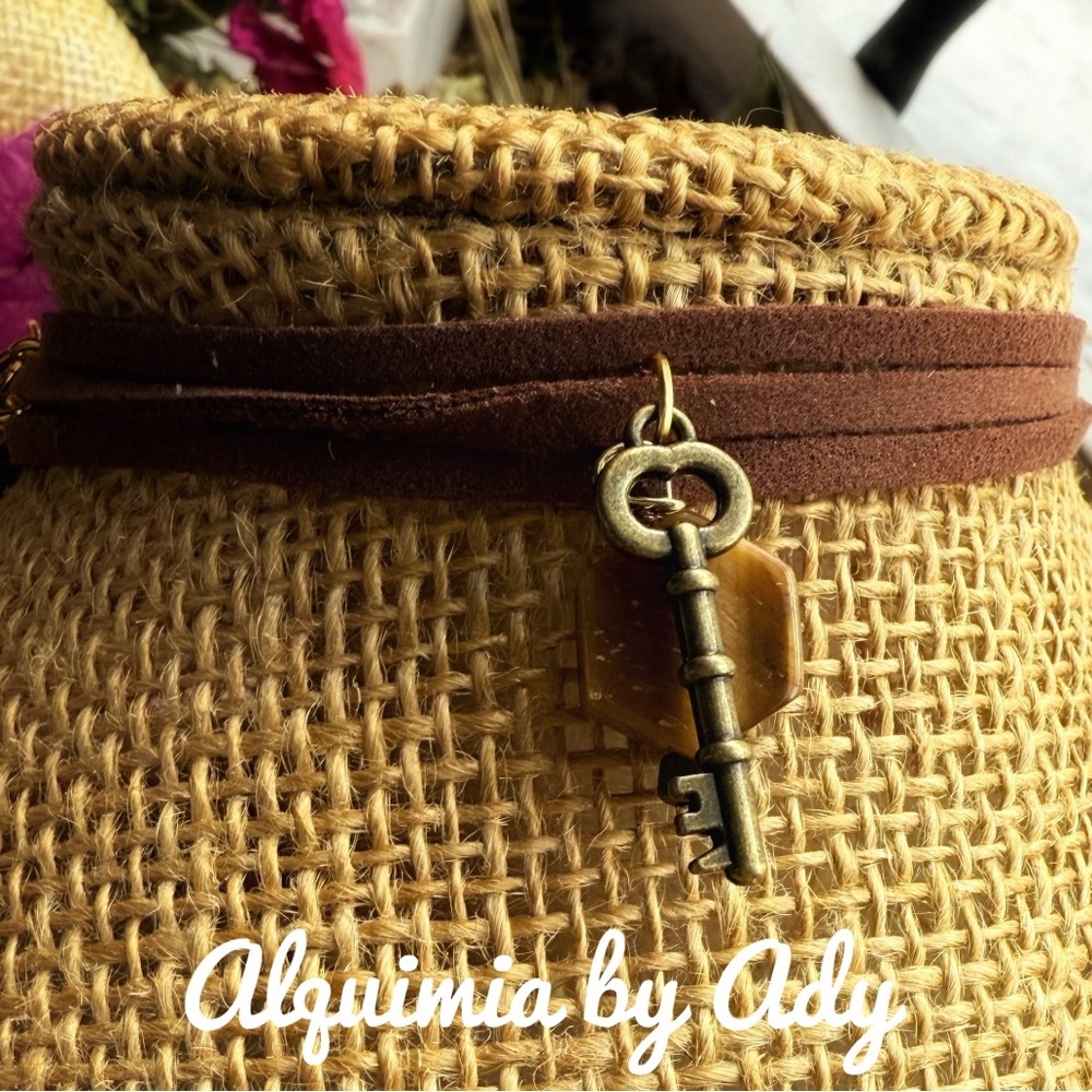 Alquimia Brown suede tiger eye Necklace with Gold Key Charm